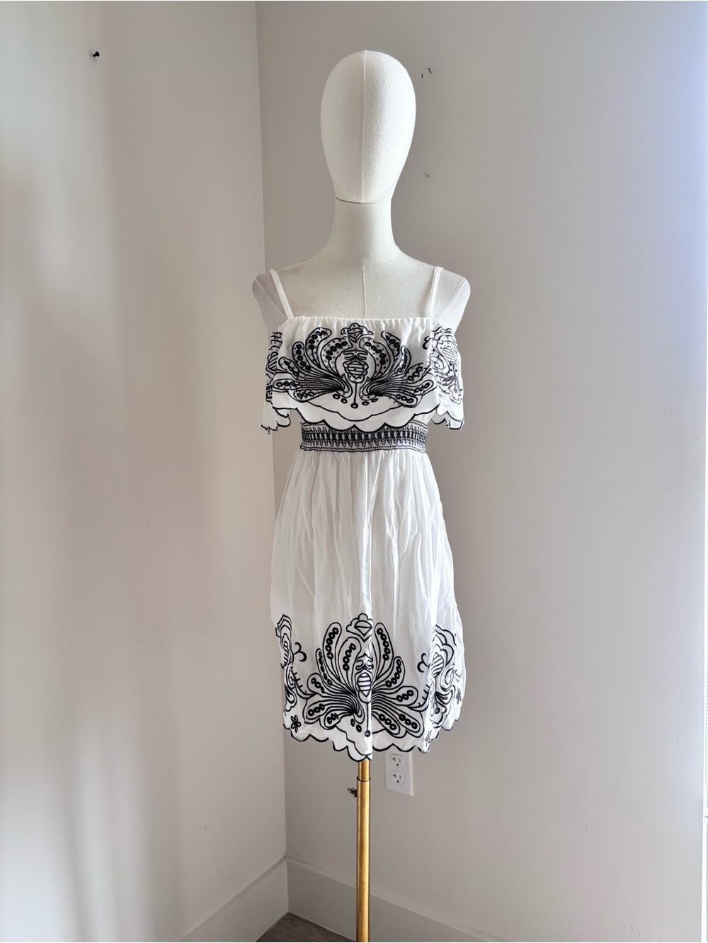 White Mini Sundress with Black Embroidered Trim